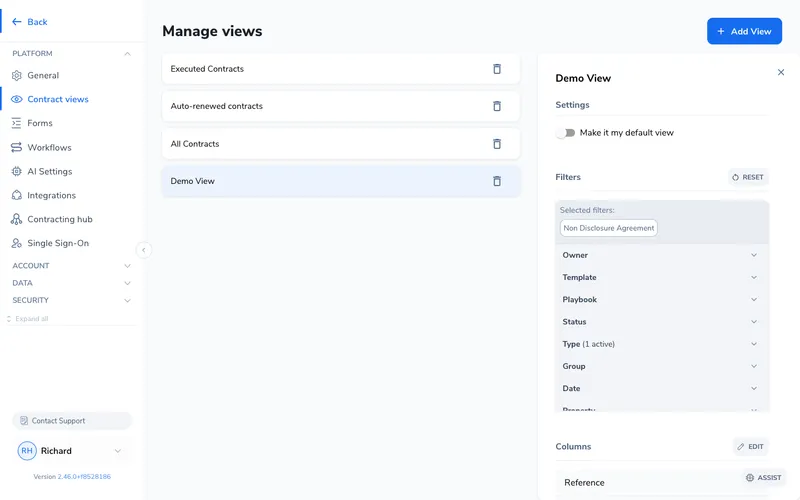 Edit panel for the Demo View showing Settings, Filters, and Columns sections