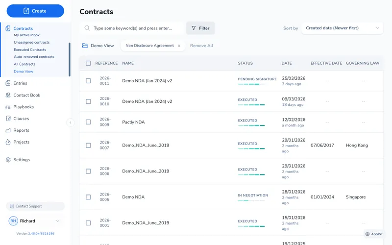 Contract repository with the Demo View active, showing NDA contracts filtered by category with custom columns