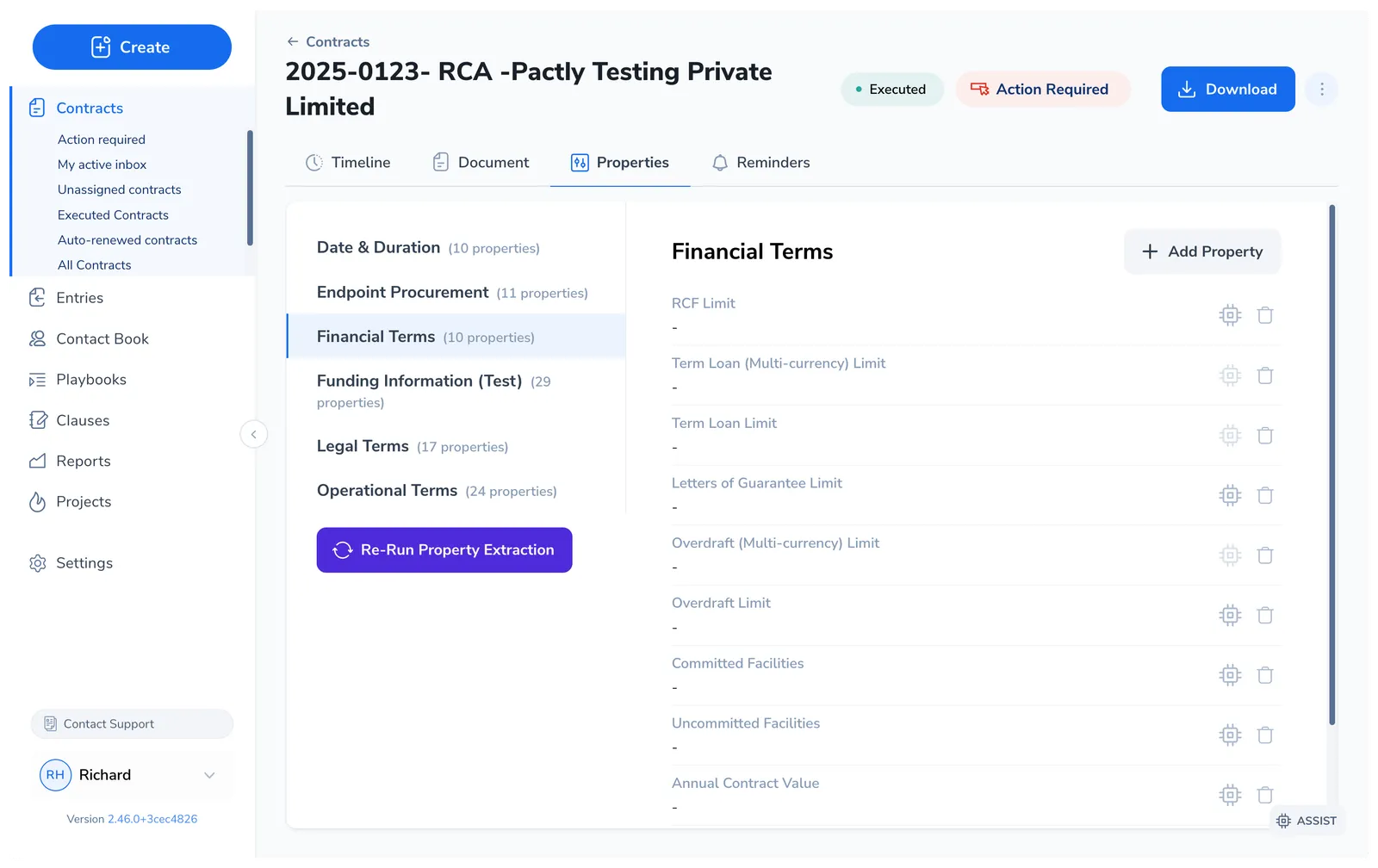 The Properties tab with the Financial Terms group selected, showing fields like RCF Limit, Term Loan Limit, Letters of Guarantee Limit, Overdraft Limit, Committed Facilities, and Annual Contract Value.