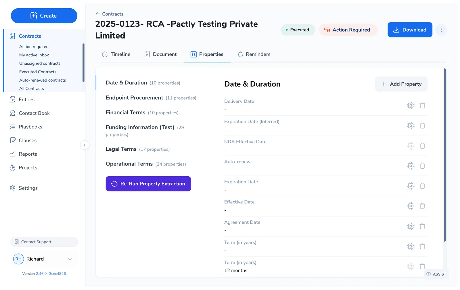 The Properties tab on a contract, showing groups (Date & Duration, Endpoint Procurement, Financial Terms, Funding Information, Legal Terms, Operational Terms) listed on the left with property counts, and the Date & Duration group's fields on the right including Delivery Date, Expiration Date, NDA Effective Date, and Term in years.