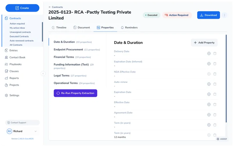 Properties tab showing property groups (Date and Duration, Endpoint Procurement, Financial Terms, Funding Information, Legal Terms, Operational Terms) on the left, with individual date and duration fields displayed on the right including Delivery Date, Expiration Date, Effective Date, and Term in years