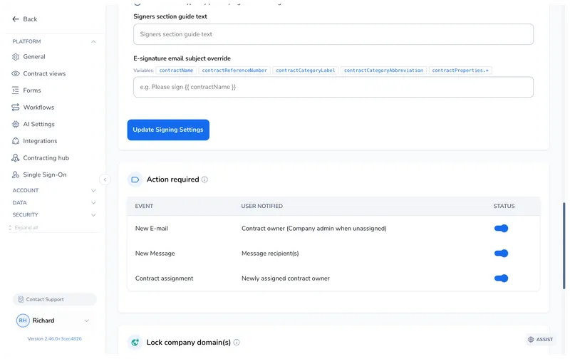 Action Required settings section on the Company page showing three toggle switches for events: New E-mail (notifies contract owner), New Message (notifies message recipients), and Contract Assignment (notifies newly assigned owner), all currently enabled