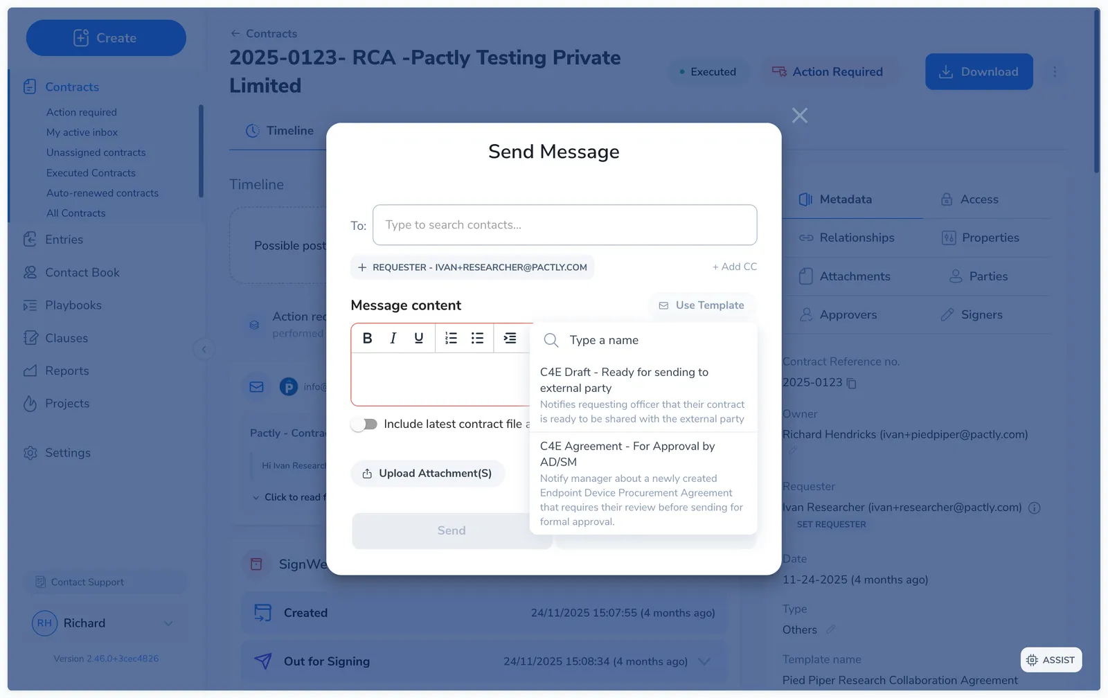The Use template dropdown in the message dialog, listing saved email templates