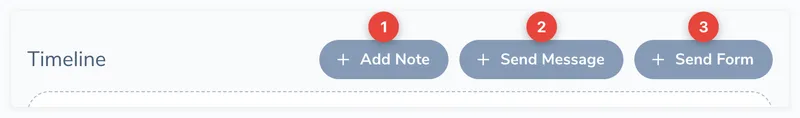 Timeline action buttons: Add Note (1), Send Message (2), and Send Form (3)