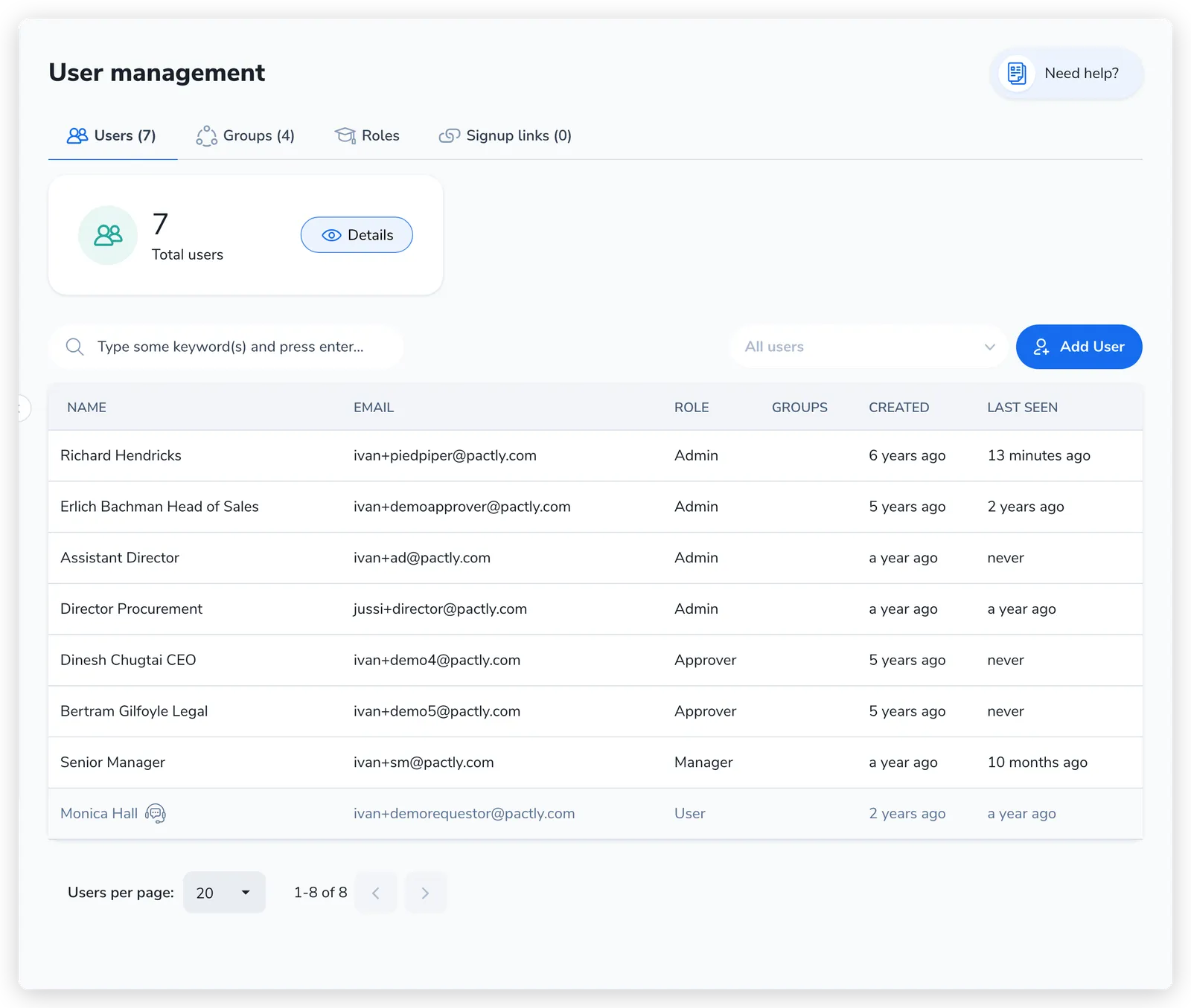 User management list with the Total users tile, a search box and role filter, the Add User button, and a table of users with Name, Email, Role, Groups, Created, and Last seen columns