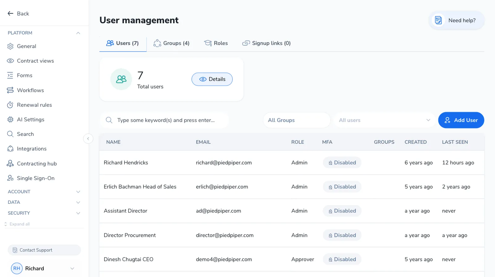 User management list with the Total users tile, a search box, a role filter, an All groups filter, the Add User button, and a table of users with Name, Email, Role, Groups, Created, and Last seen columns