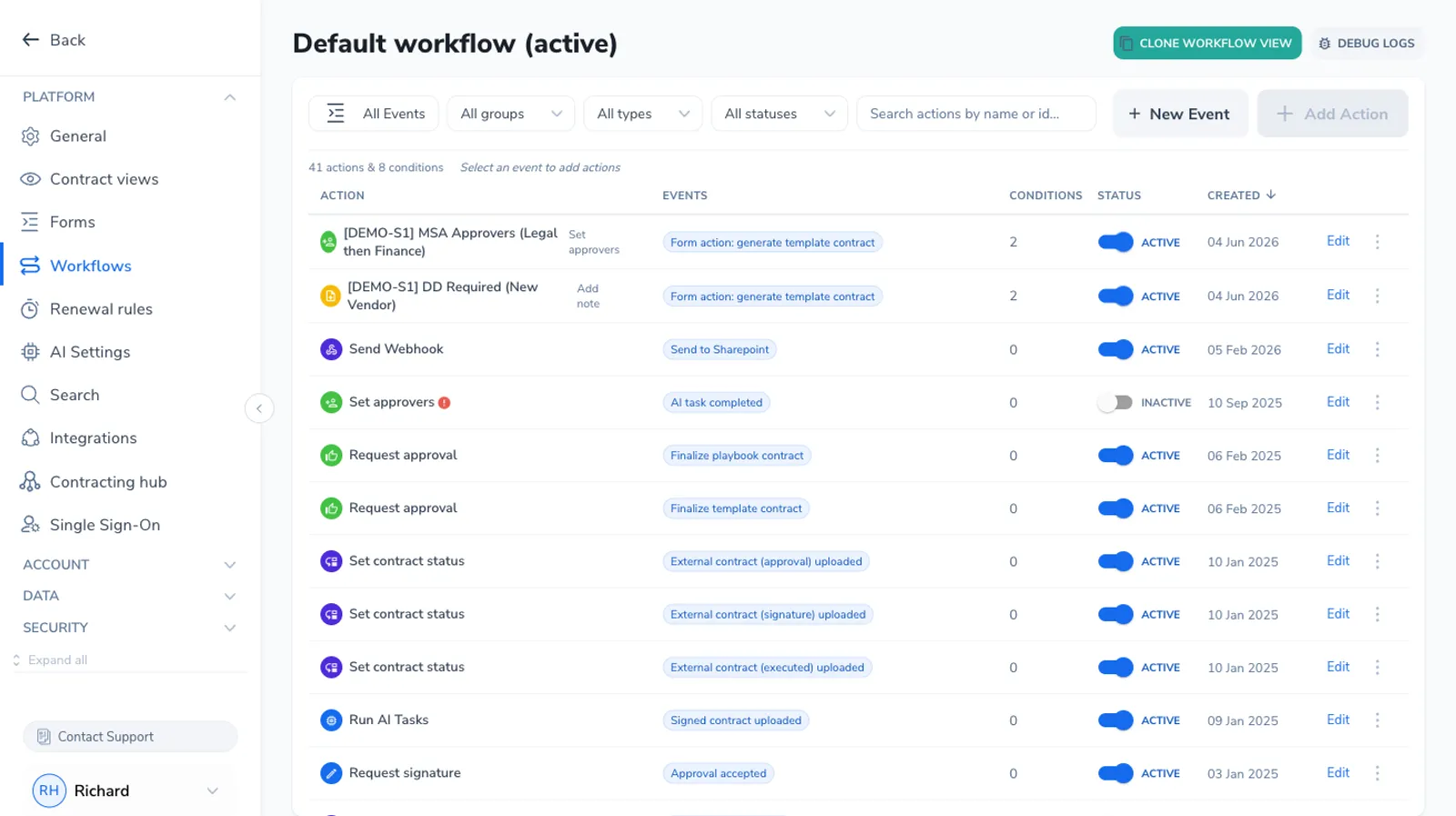 The Workflows screen showing the actions table with one row per action, an Events column of chips listing the triggering events, group tabs and an event filter and a search box above the table, and one row expanded inline to reveal its full-width configuration and Rules editors