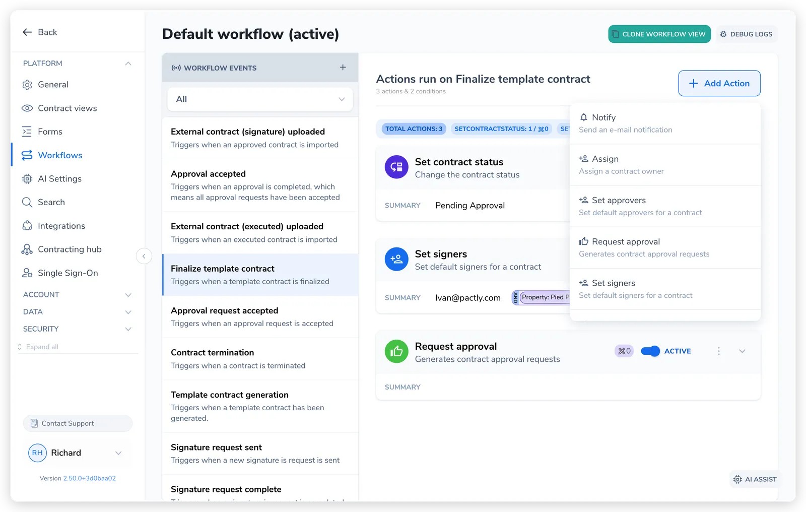 The Workflows screen with the finalize event selected in the Workflow Events list on the left, the Actions run on the event panel on the right showing Set contract status, Set signers, and Request approval actions, and the Add Action menu open showing Notify, Assign, Set approvers, Request approval, and Set signers among others