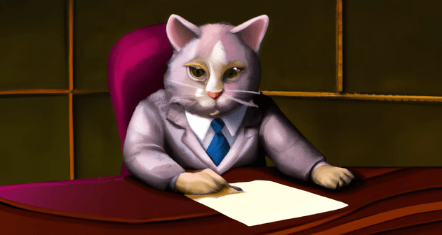 image of a cat signing a document in a boardroom