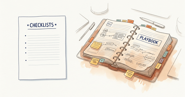 hand drawn watercolor illustration contrasting two approaches: on the left, a plain white document titled 'CHECKLISTS' with empty bullet points; on the right, a thick ring-bound 'PLAYBOOK' notebook filled with colorful tabs, sticky notes, annotations, flowcharts, and organized sections. An arrow points from the checklist toward the playbook, suggesting an evolution from simple lists to comprehensive strategic guides